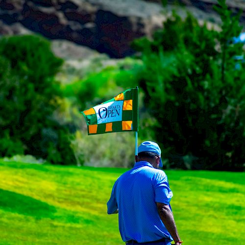 A person in a blue outfit stands on a green golf course, holding a golf club, with a flag in the background. Green trees and rocky hills are visible.