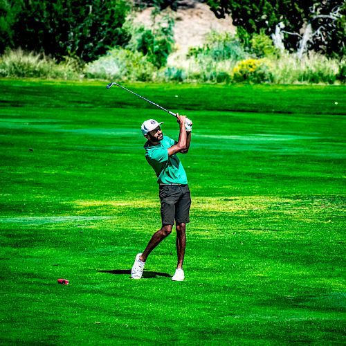 A person is swinging a golf club on a lush green golf course surrounded by trees and shrubs on a sunny day.