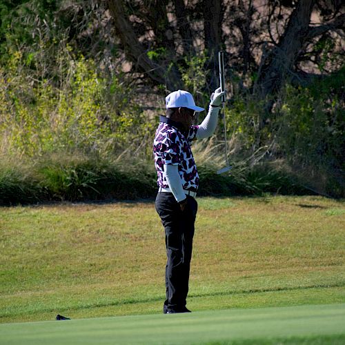 A golfer is standing on a green, holding a club in the air while facing away from the camera. Trees and bushes surround the area.