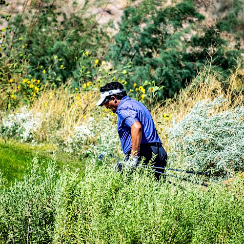 A person dressed in blue and wearing a visor is walking through tall grass and shrubs in an outdoor setting, possibly on a golf course.