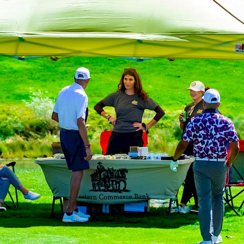 A group of people are gathered under a green canopy tent on a grassy field, engaging in conversation around a table with displayed items.