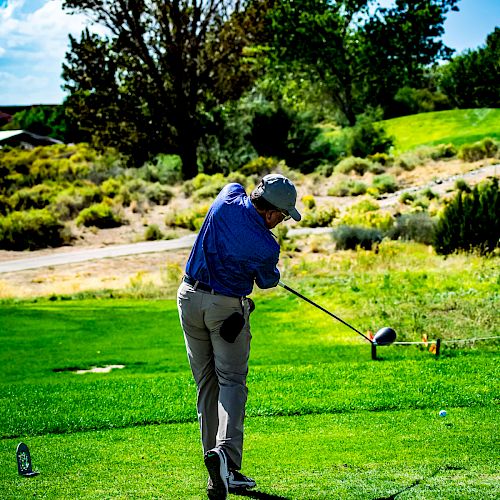 A person is playing golf, captured mid-swing on a lush green course with trees and shrubs in the background on a sunny day.