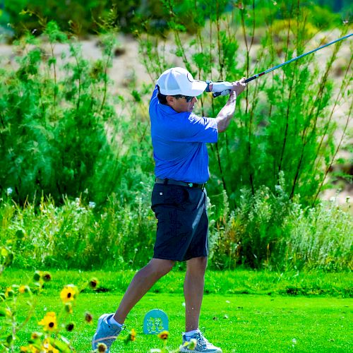 A golfer in blue shirt and black shorts swings a club on a green course with trees and sunlight in the background.