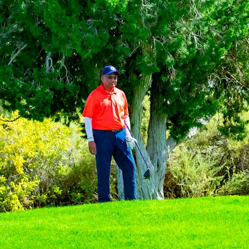 A person is standing on a golf course, near some bushes and trees, holding a golf club, wearing a red shirt and a cap.