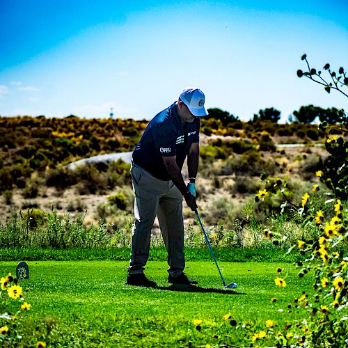 A person is playing golf on a lush green course, surrounded by wildflowers under a bright blue sky, preparing to swing their golf club.