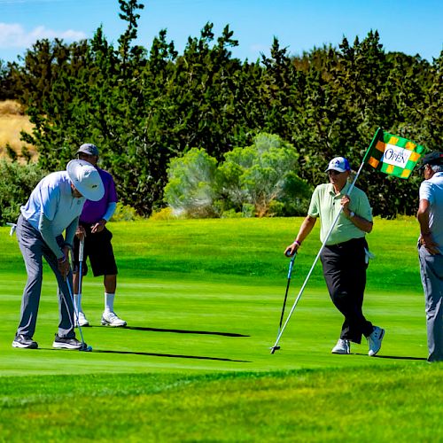 Four people playing golf on a lush green course, one putting while the others look on, with trees and a blue sky in the background.