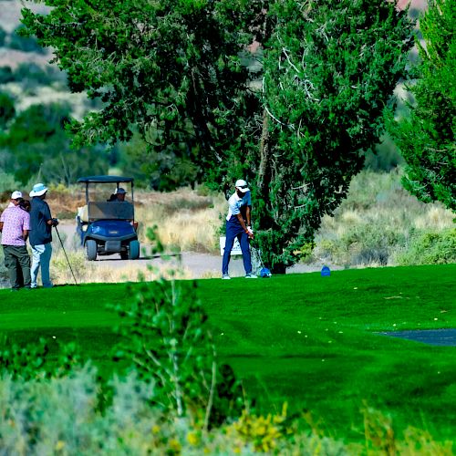 A person is preparing to swing a golf club on a lush, green golf course. There are other people and a golf cart in the background.