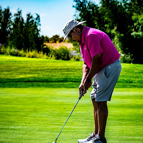 A person in a pink shirt and light shorts plays golf on a green course, focusing on putting the ball, with trees and blue sky in the background.